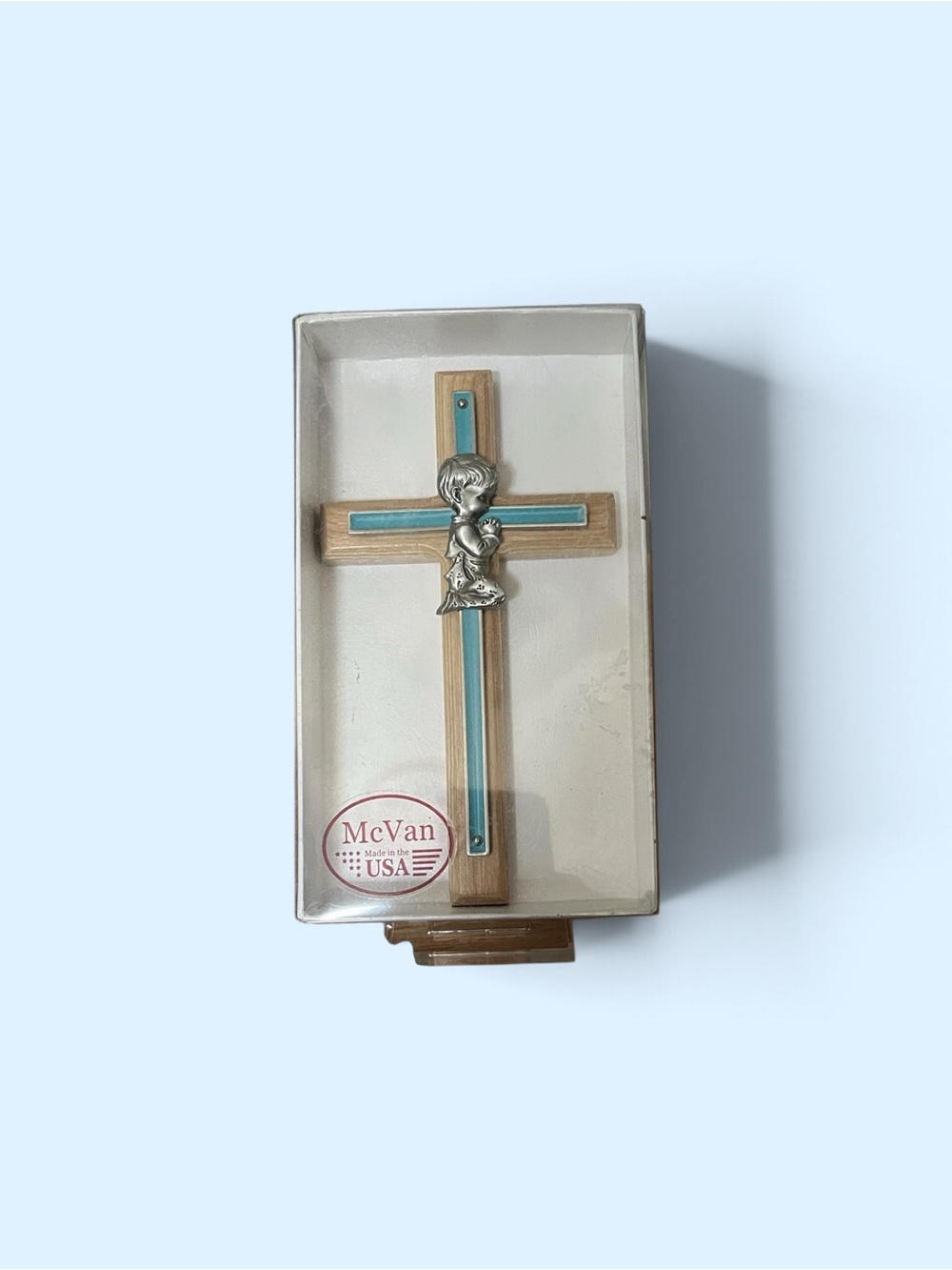 Vans Wood Cross with Teal Inlay and Silver Kneeling Child